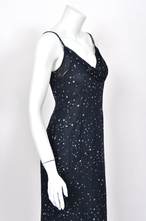 1998 Moschino Runway Navy Blue Sheer Silk Chiffon Star Motif Rhinestone Maxi Slip Dress