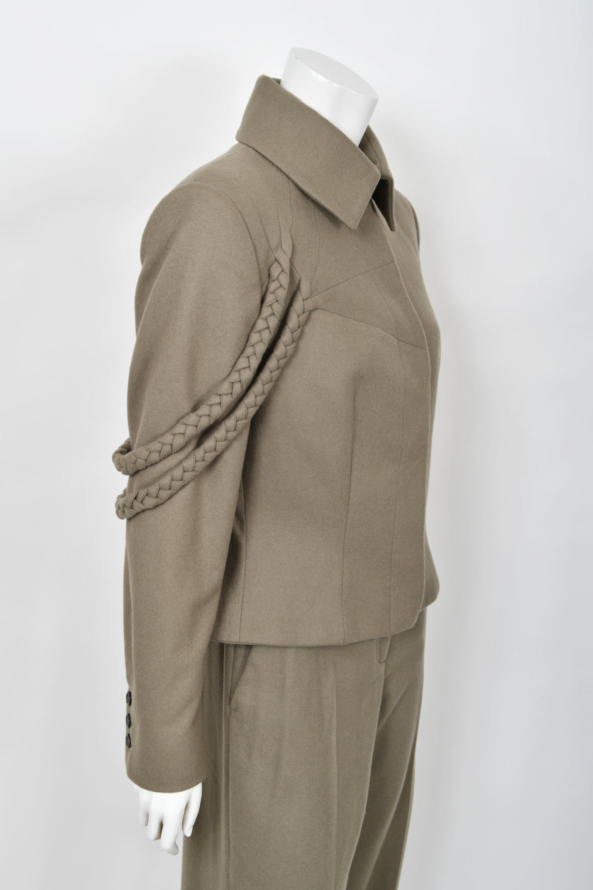 2001 Alexander McQueen Documented Runway Moss-Green Wool Braided Jacket Pantsuit