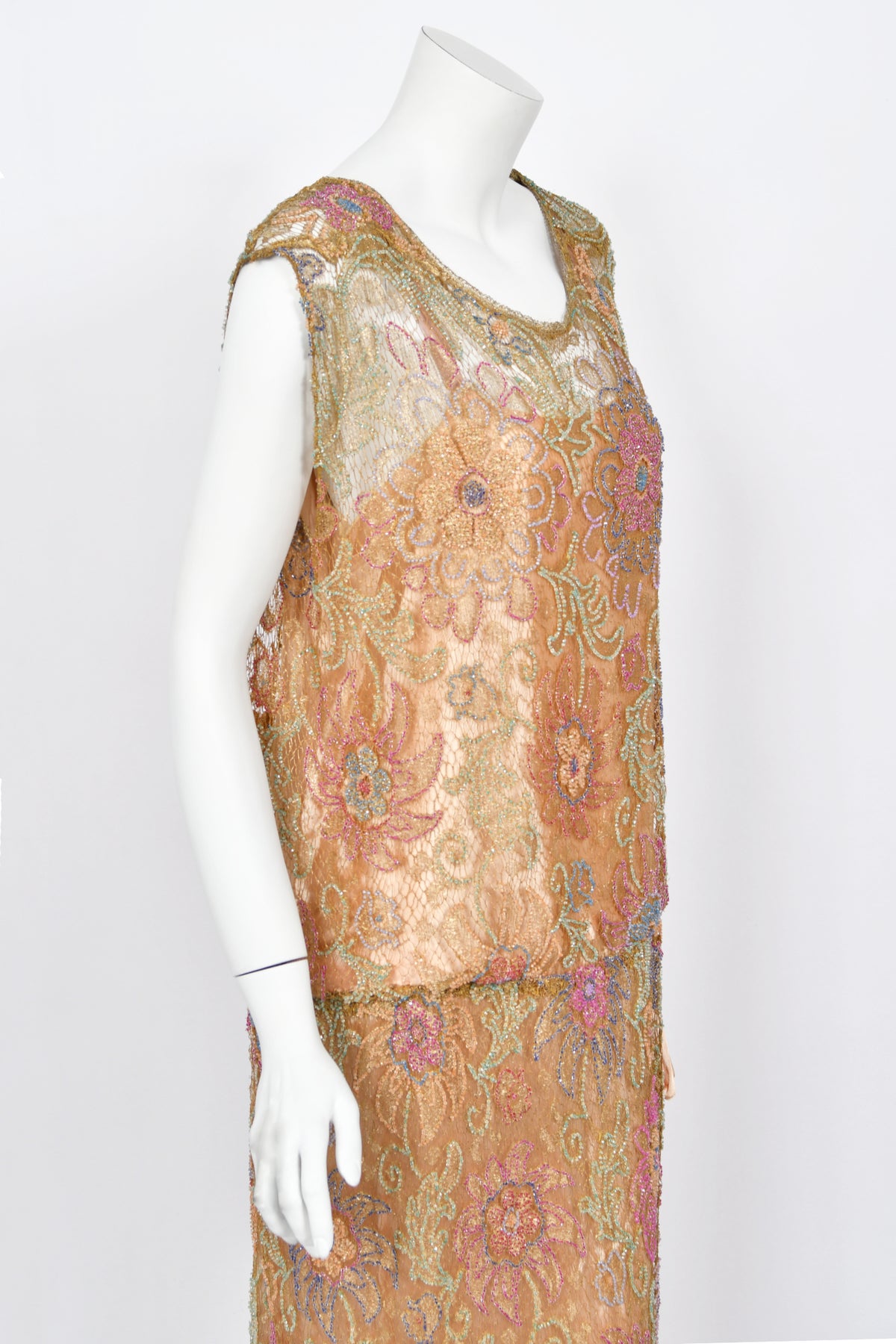 1920&#39;s French Couture Colorful Beaded Metallic Lamè Lace &amp; Pink Silk Dress