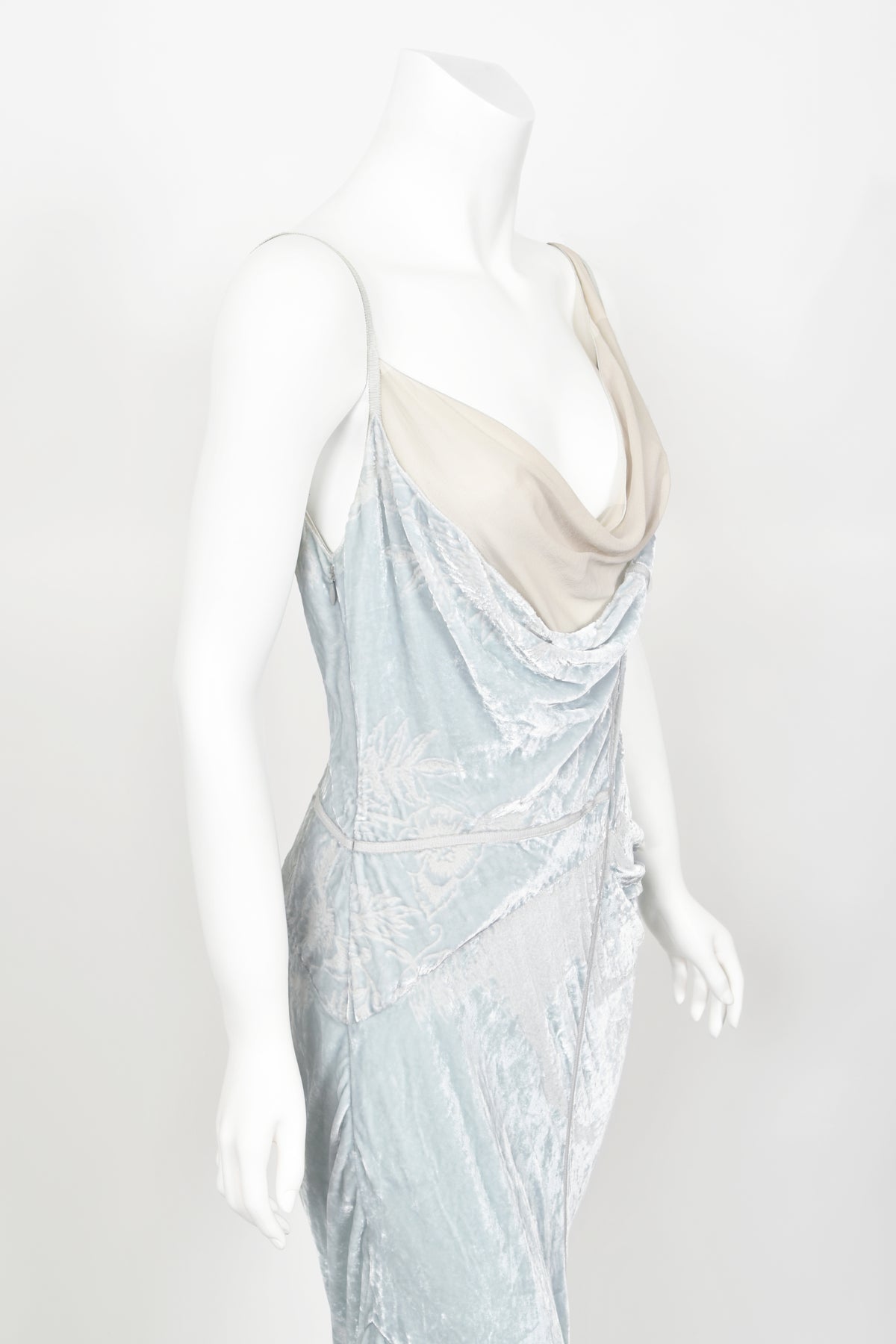 2006 Christian Dior by John Galliano Ice Blue Silk Velvet Asymmetric Draped Bias-Cut Gown