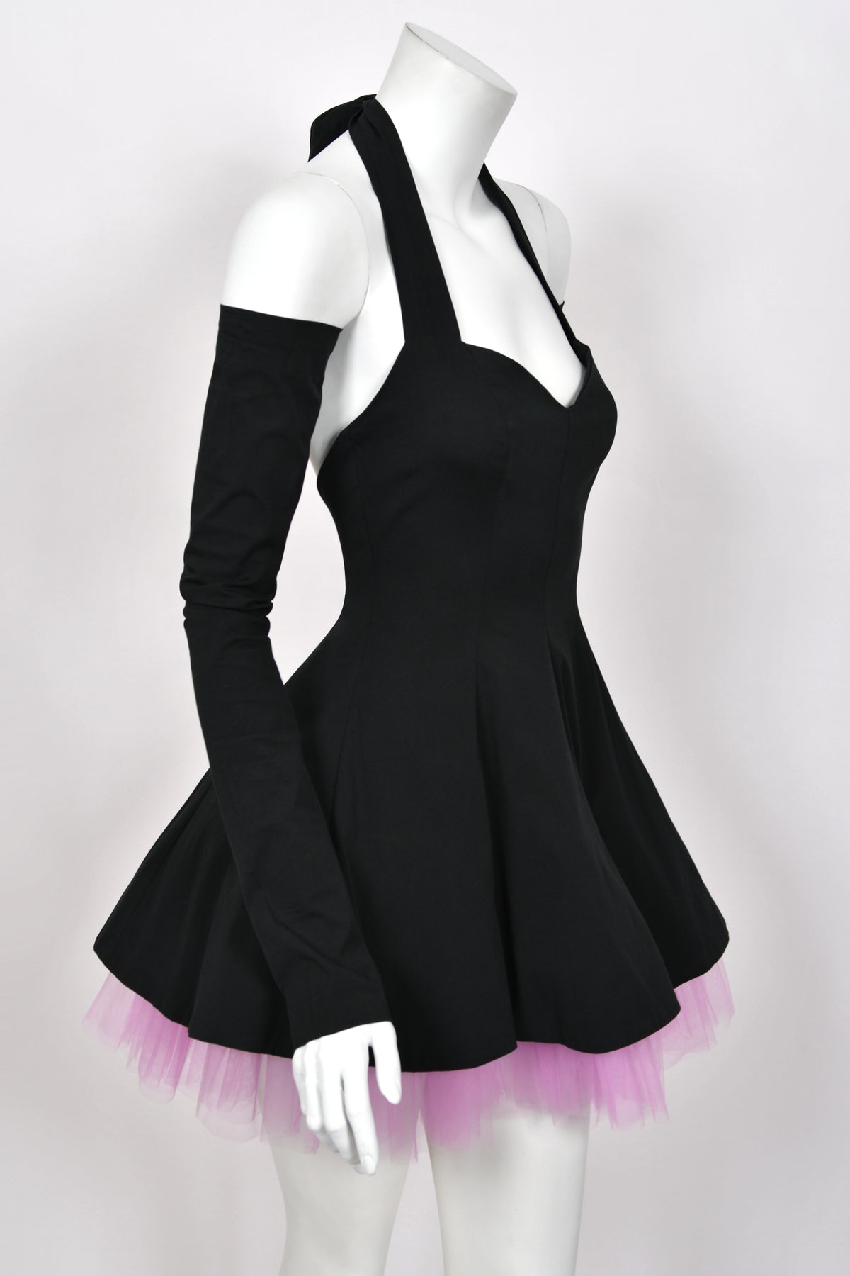 1992 Dolce & Gabbana Runway Black Stretch Cotton & Lilac Tulle Halter Mini Dress w/ Gloves