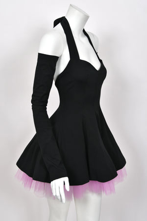 1992 Dolce & Gabbana Runway Black Stretch Cotton & Lilac Tulle Halter Mini Dress w/ Gloves