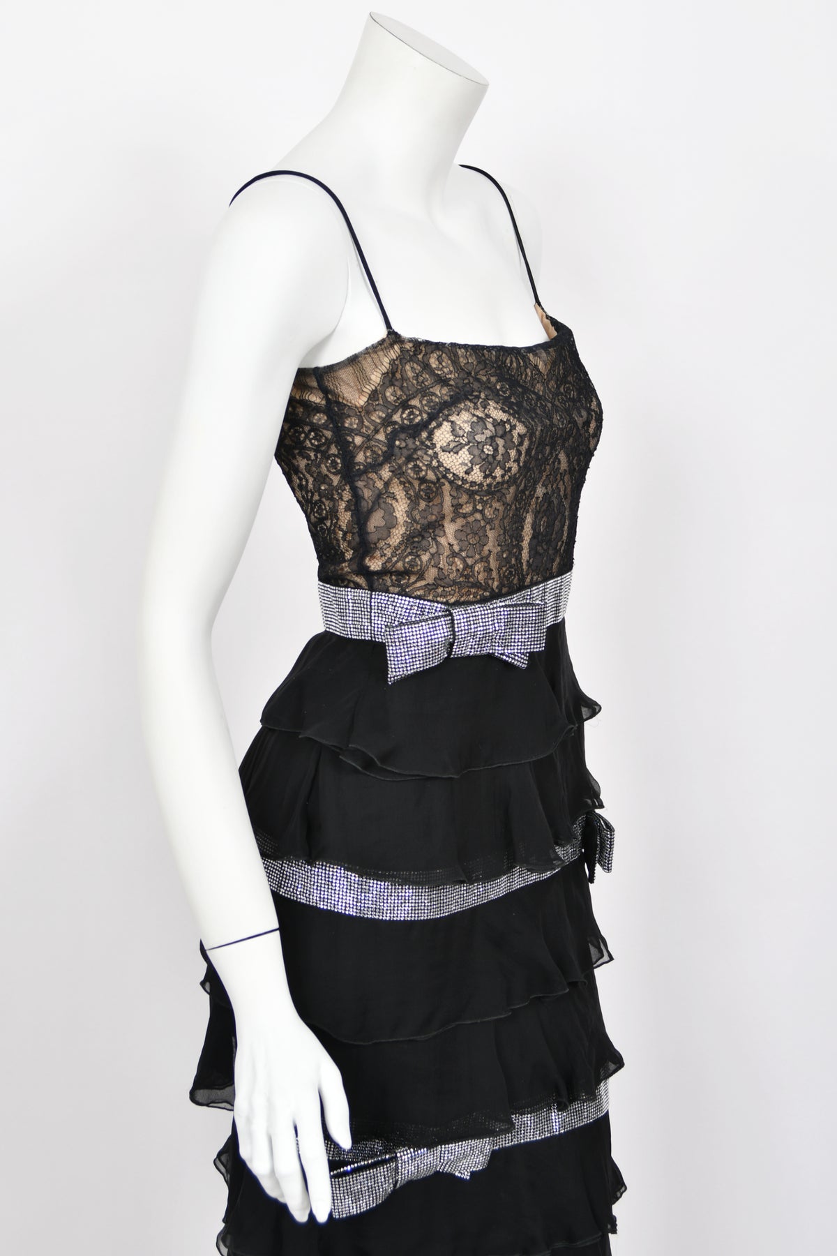 2007 Valentino Runway Black Sheer Silk &amp; Lace Illusion Crystal-Bows Tiered Gown