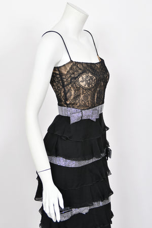 2007 Valentino Runway Black Sheer Silk & Lace Illusion Crystal-Bows Tiered Gown