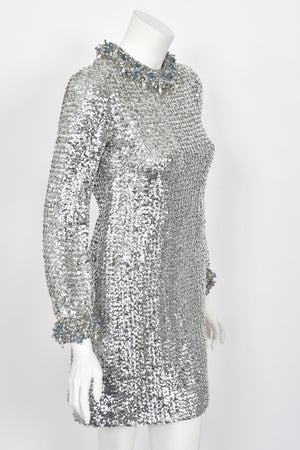 1966 Pierre Cardin Paris Metallic Silver Beaded Sequin Space-Age Mod Mini Dress