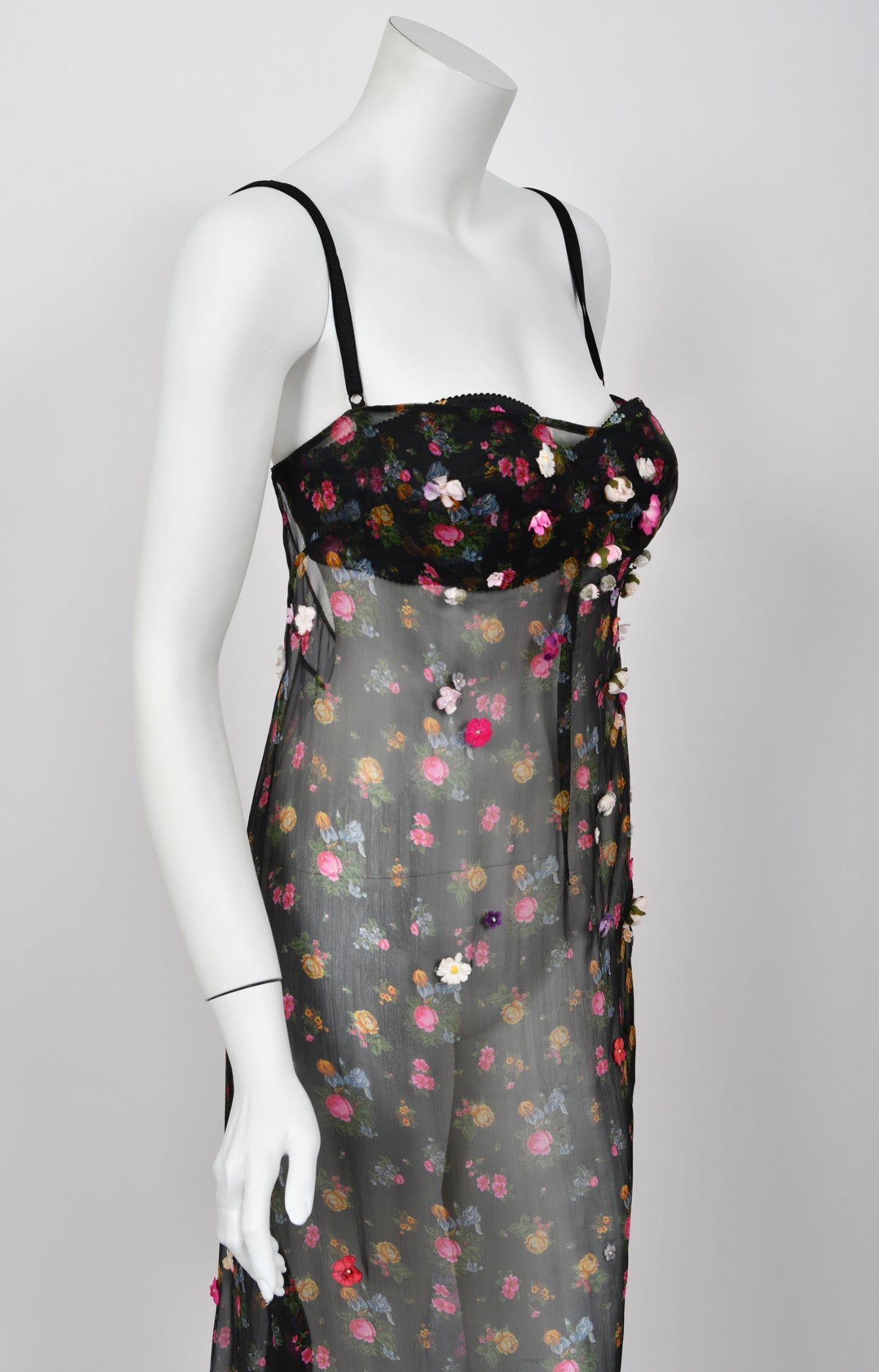 1999 Dolce &amp; Gabbana Sheer Appliqué Floral Silk Built-In Bra Slip Dress