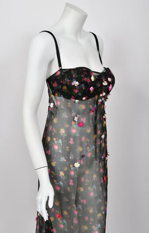 1999 Dolce & Gabbana Sheer Appliqué Floral Silk Built-In Bra Slip Dress