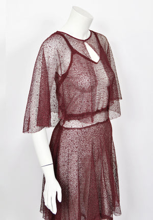 1930's French Sheer Burgundy Lace Tiered Bias-Cut Gown & Matching Capelet