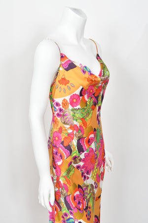 2005 Christian Dior by John Galliano Colorful Tie Dye Floral Silk Bias-Cut Dress