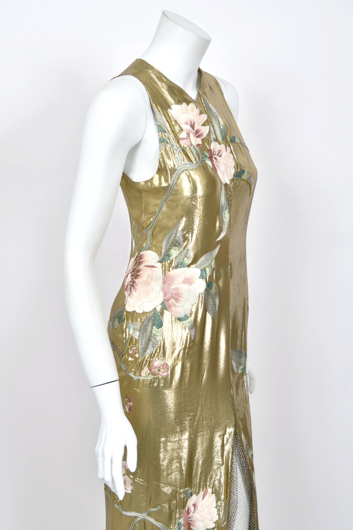 1997 Valentino Runway Metallic Gold Beaded Embroidered Floral Lamé Silk High Slit Column Gown