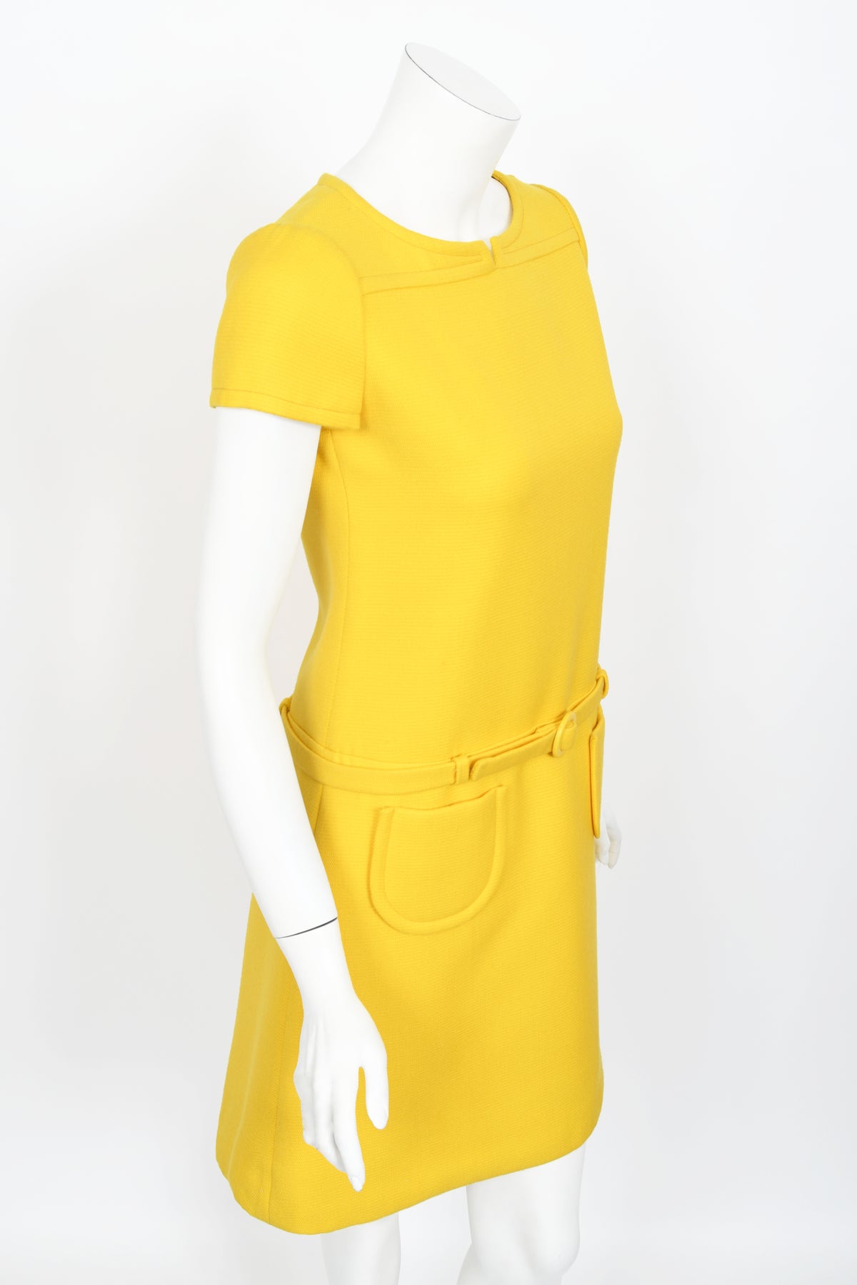 1968 André Courrèges Couture Yellow Wool Belted Space-Age Mod Dress