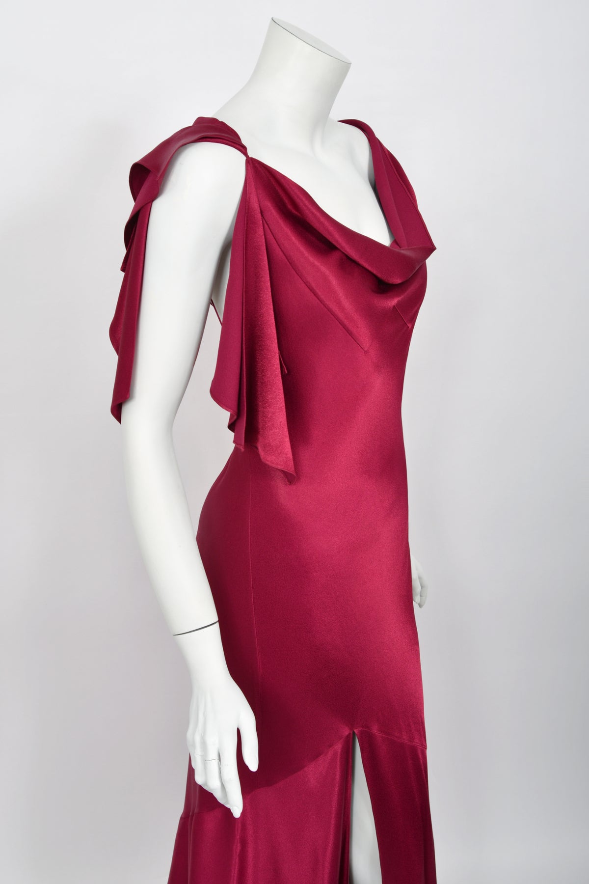 1999 John Galliano Maori Collection Wine Red Asymmetric High Slit Bias-Cut Gown