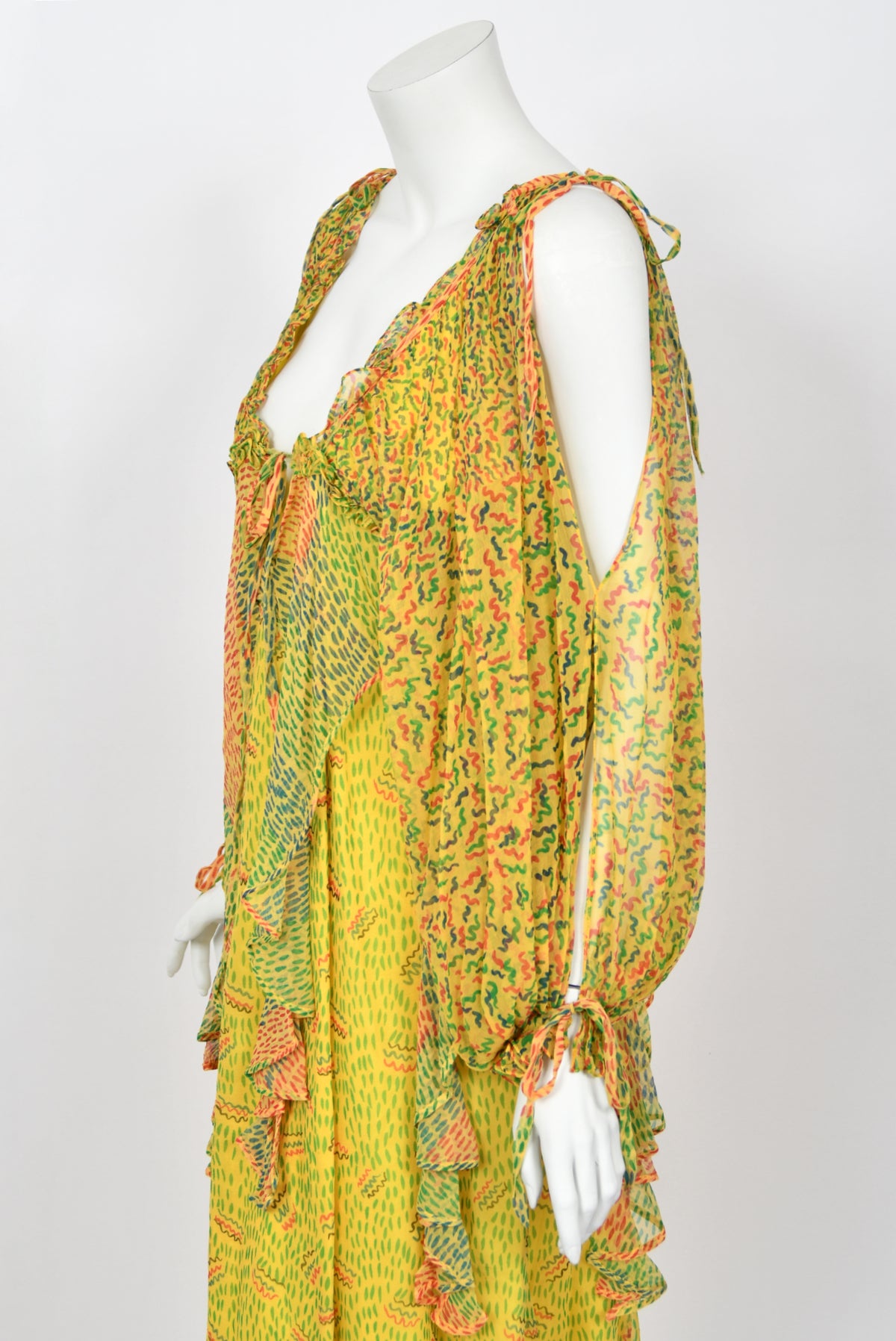 1971 Ossie Clark for Quorum Celia Birtwell Yellow Print Sheer Silk Chiffon Cut-Out Dress