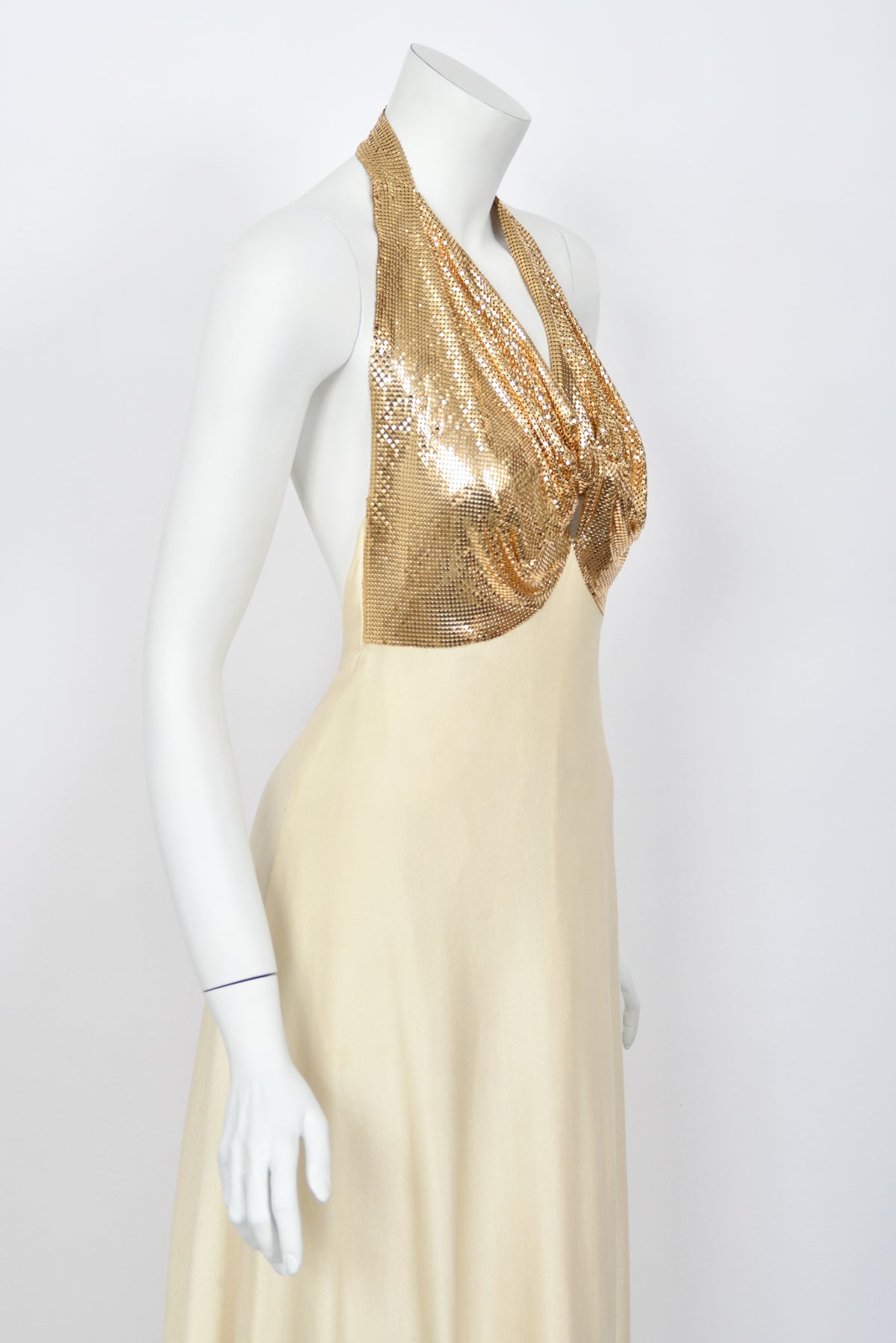 1972 Loris Azzaro Couture Ivory Silk-Jersey &amp; Gold Metal Mesh Backless Gown w/ Cape