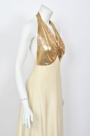 1972 Loris Azzaro Couture Ivory Silk-Jersey & Gold Metal Mesh Backless Gown w/ Cape