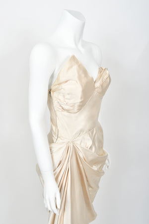 1949 Jeanne Lanvin Haute Couture Ivory Silk Satin Strapless Draped Bridal Gown