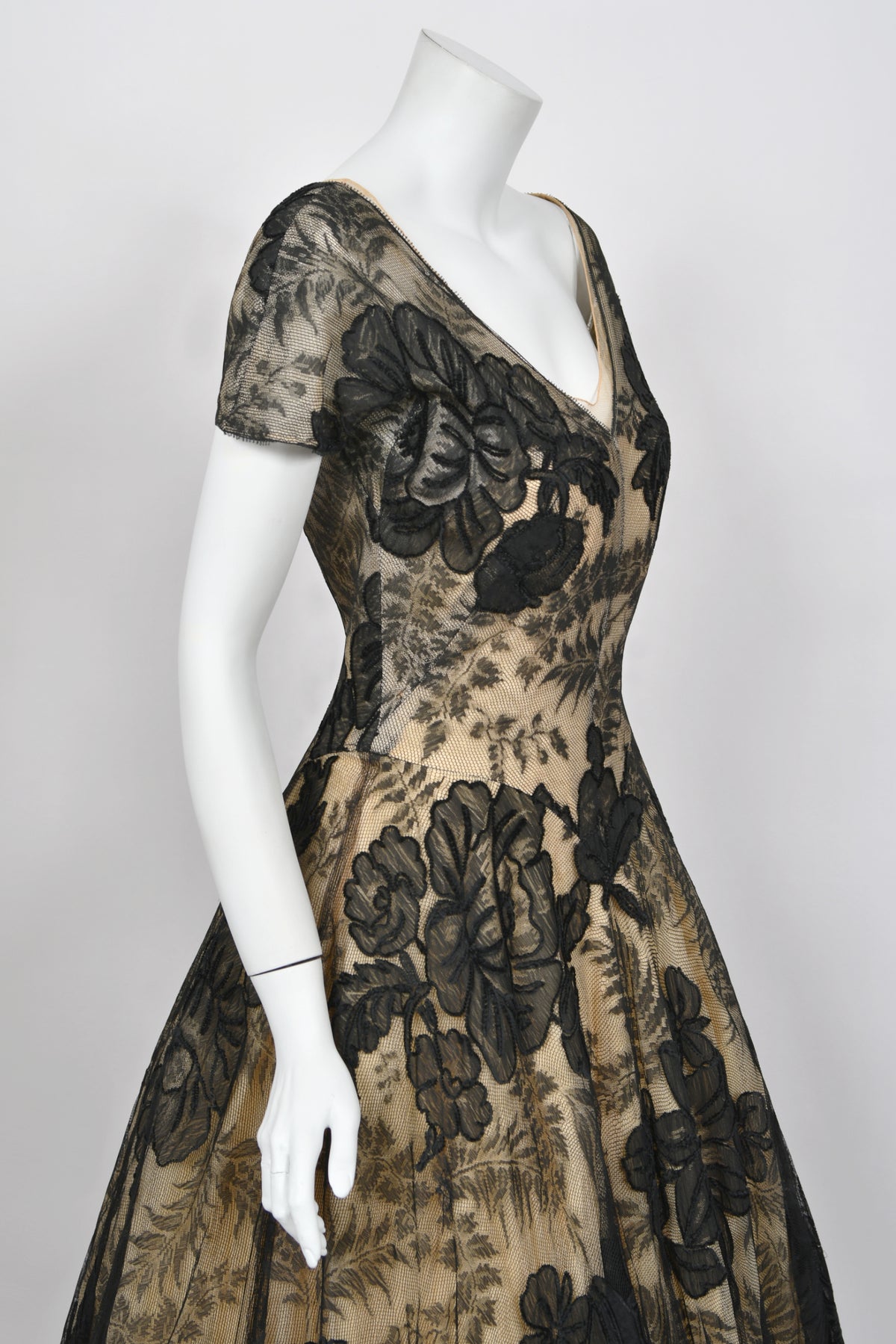 1950’s Hattie Carnegie Couture Large-Scale Black Floral Chenille Lace Full Skirted High-Low Gown