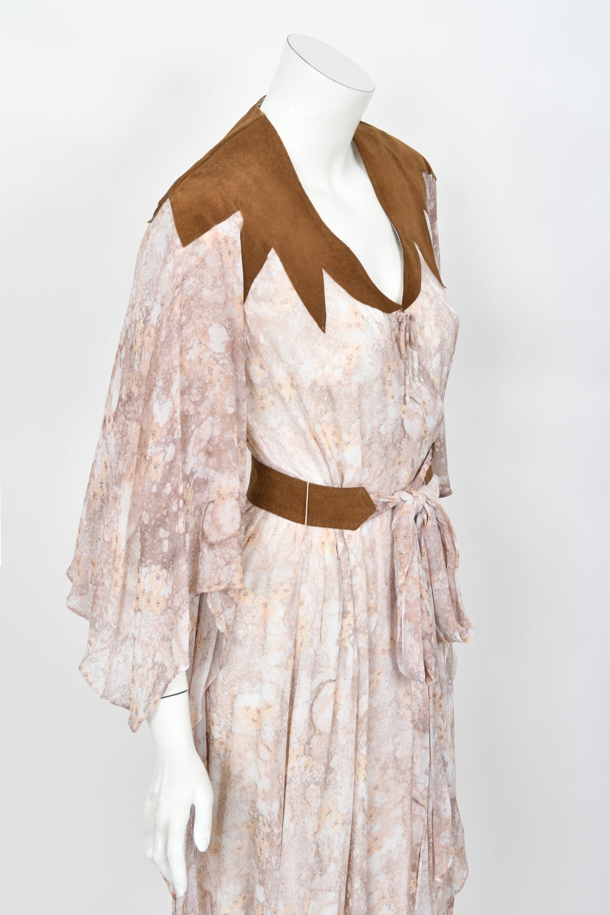 1971 Giorgio Sant&#39; Angelo Watercolor Chiffon &amp; Suede Angel-Sleeve Wrap Dress