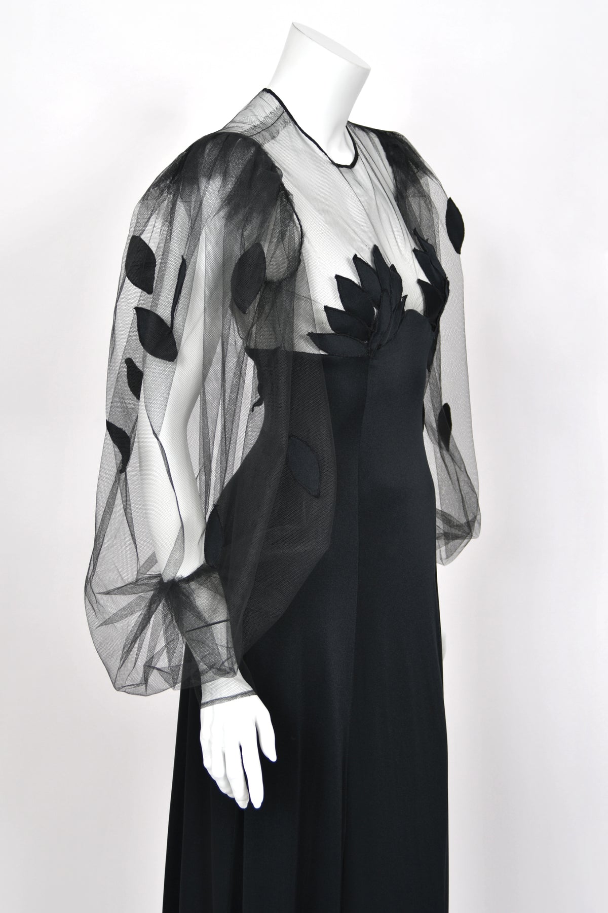 1979 Loris Azzaro Black Silk Jersey Sheer Illusion Petal Motif Billow-Sleeve Gown