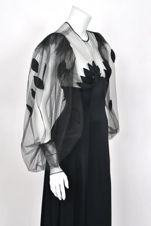 1979 Loris Azzaro Black Silk Jersey Sheer Illusion Petal Motif Billow-Sleeve Gown