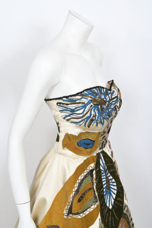 1950's Emilio Schuberth Italian Couture 'Under The Sea' Motif Satin Gown