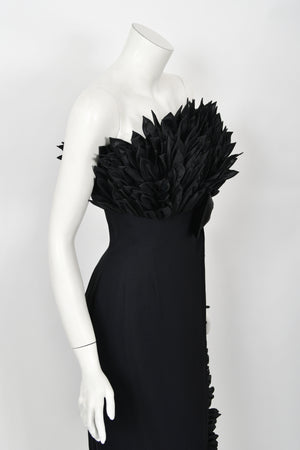 1959 Hall Ludlow Couture Museum-Held Black Silk Appliquéd Petals Hourglass Gown