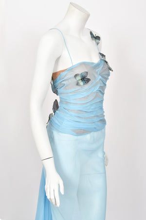 1998 Dolce & Gabbana 'Stromboli Collection' Hand-Painted Butterflies Blue Silk Corset Gown