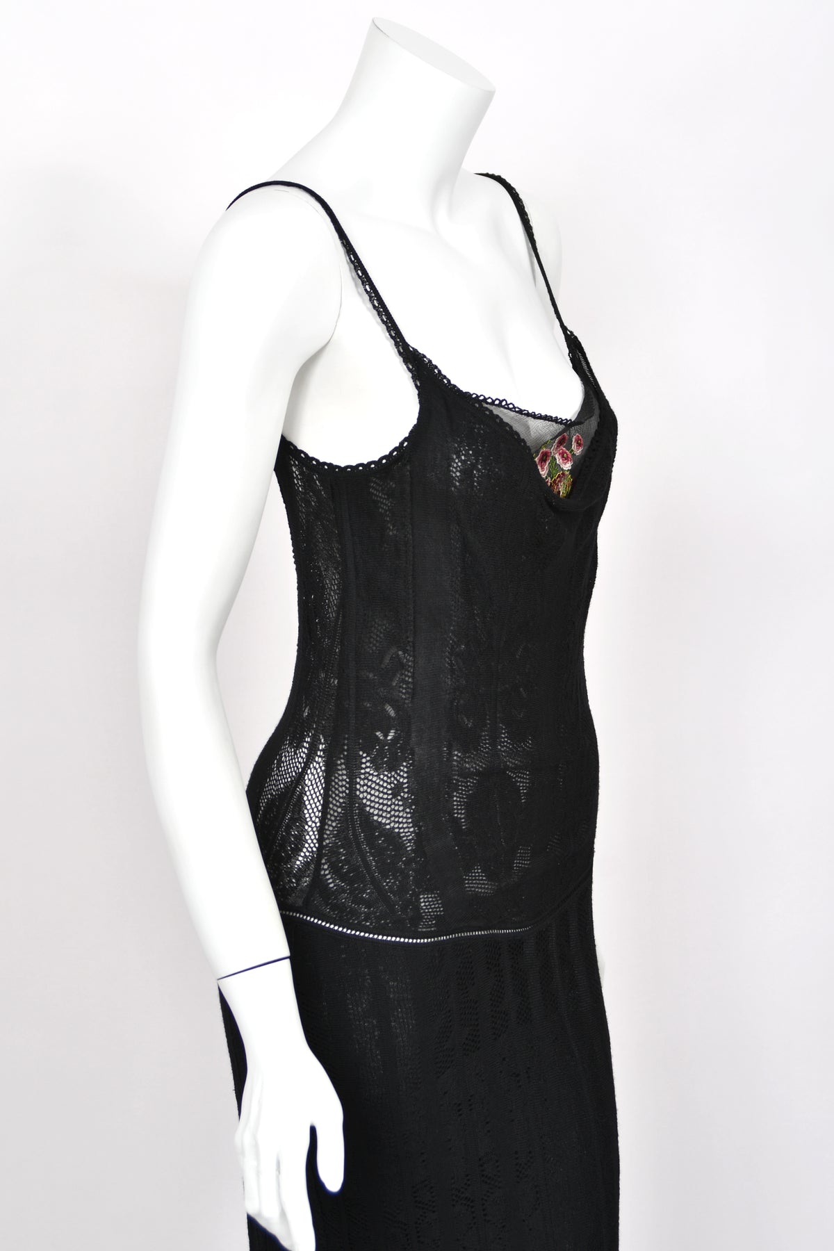 2003 John Galliano Embroidered Floral Sheer Black Pointelle Stretch Knit Bias-Cut Gown