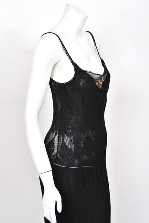 2003 John Galliano Embroidered Floral Sheer Black Pointelle Stretch Knit Bias-Cut Gown
