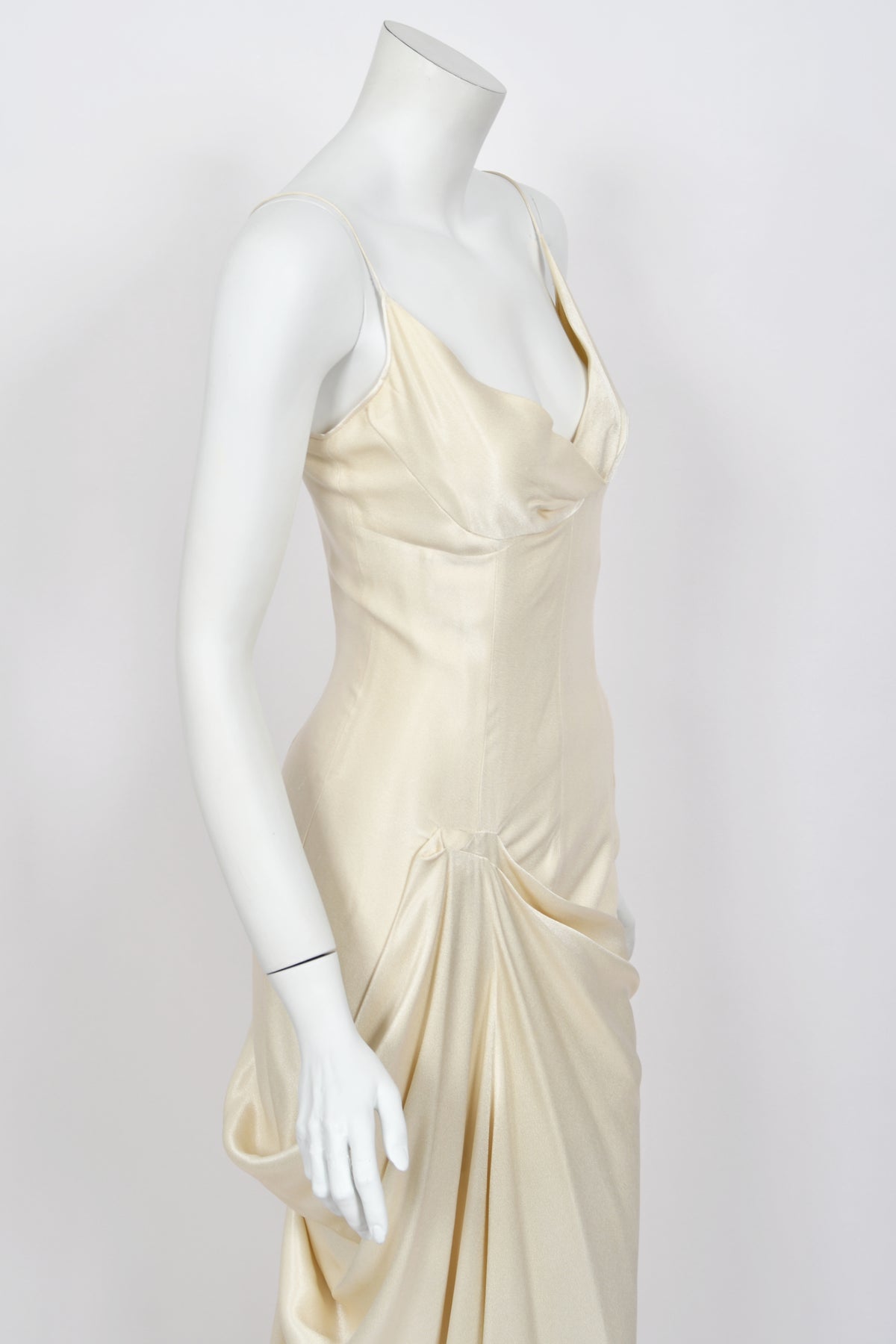 1999 John Galliano Ivory Satin Asymmetric Drape Hourglass Optional Trained Gown