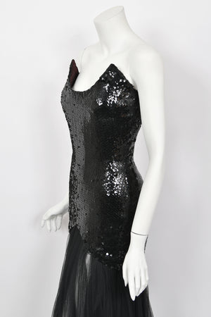 1986 Thierry Mugler 'Hiver Russe' Collection Black Sequin Bustier Sheer Gown