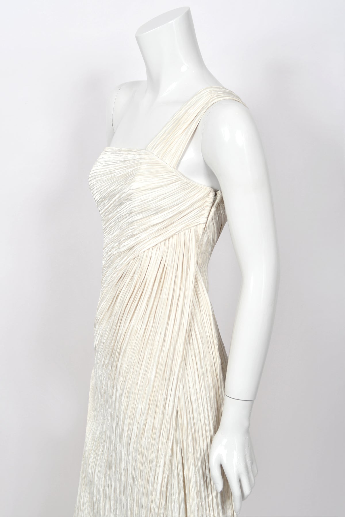 1983 Mary McFadden Ivory Heavily Pleated Asymmetric One-Shoulder Draped Goddess Gown