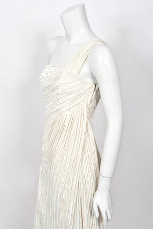 1983 Mary McFadden Ivory Heavily Pleated Asymmetric One-Shoulder Draped Goddess Gown