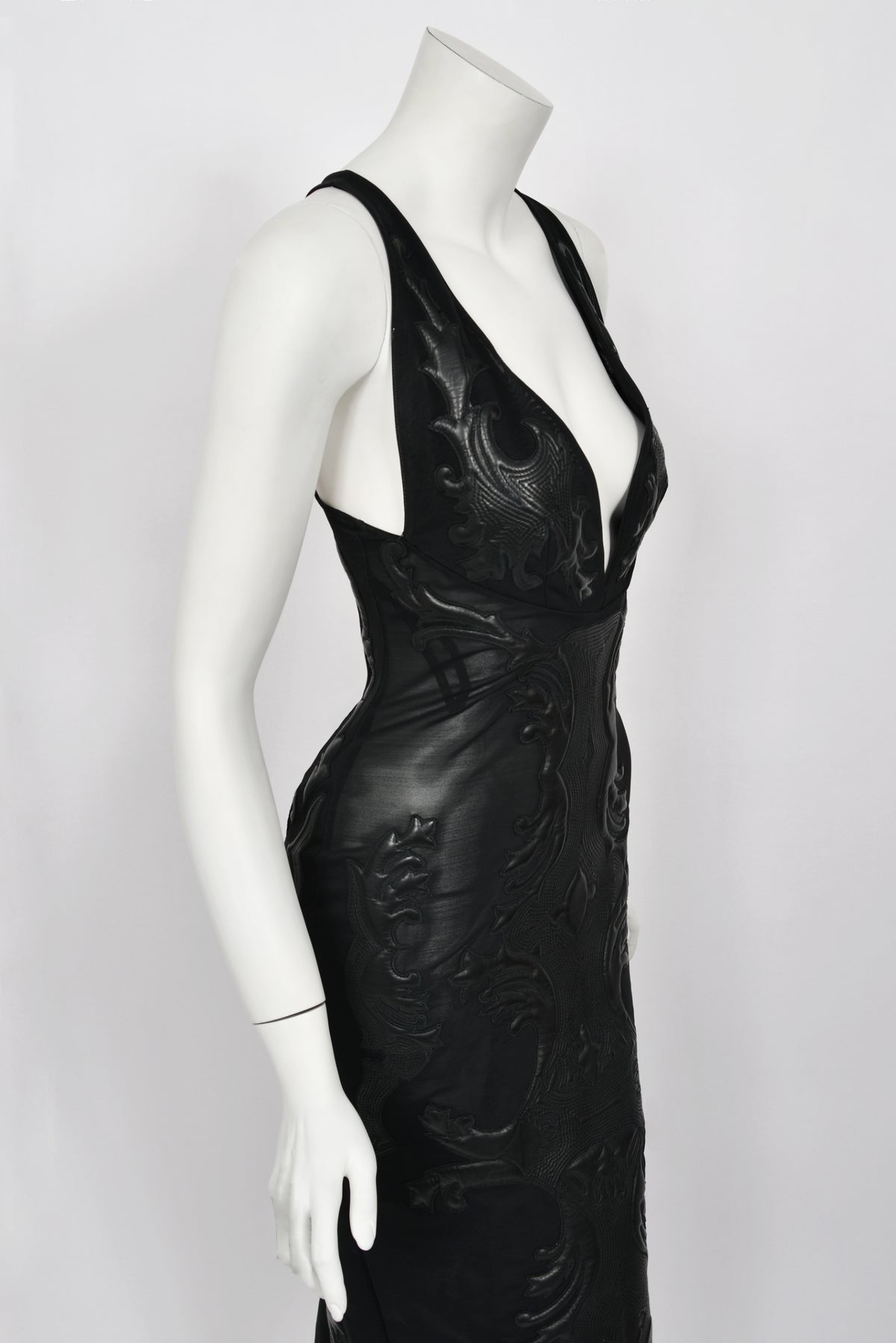 2002 Roberto Cavalli Black Leather Appliqué Sheer Mesh Low-Cut Hourglass Gown