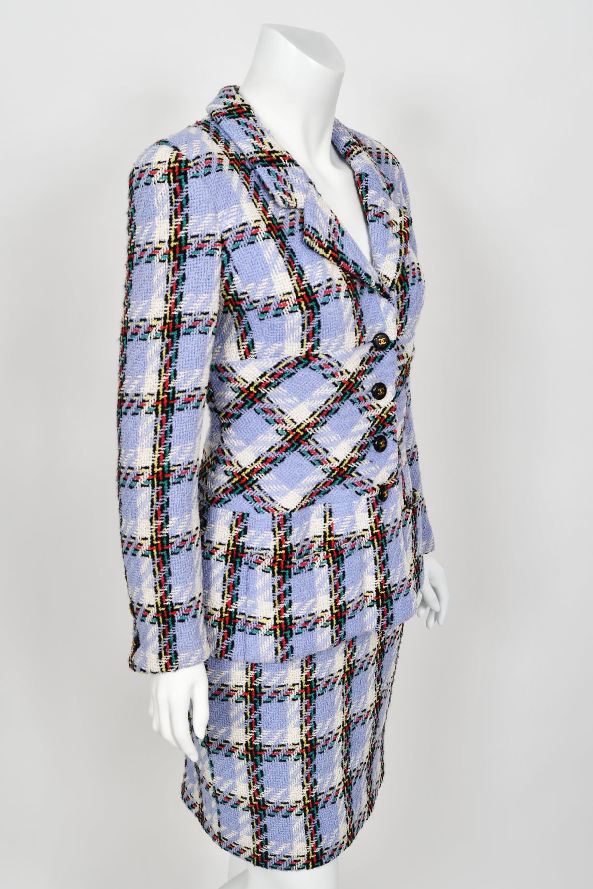 1995 Chanel by Karl Lagerfeld Runway Periwinkle Plaid Wool Barbie Jacket &amp; Skirt