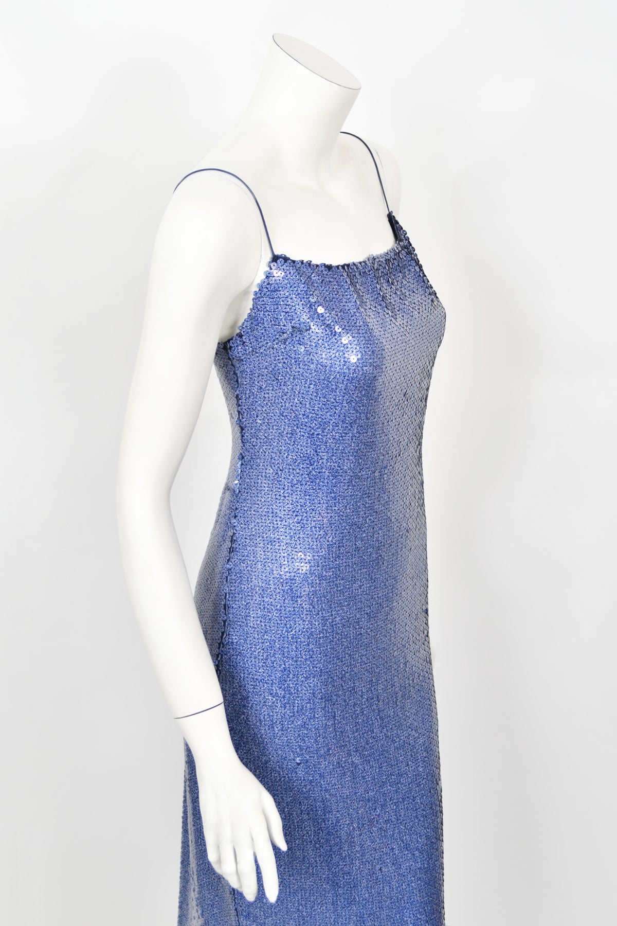 2000 Christian Dior by John Galliano Fully Sequin Ocean Blue Bias-Cut Slip Gown