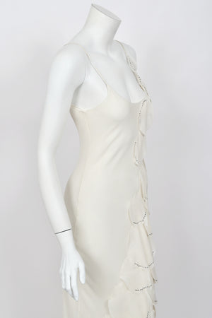1990 Angelo Tarlazzi Paris Couture Ivory Silk Rhinestone Petals Bias-Cut Trained Gown