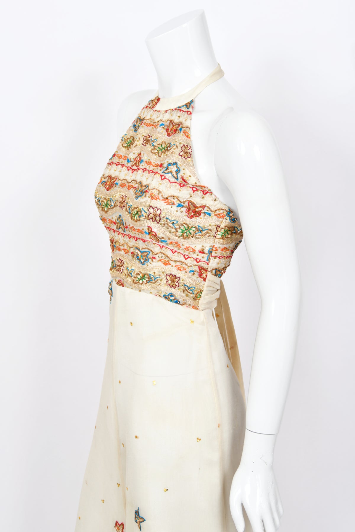 1979 Thea Porter Couture Metallic Gold Embroidered Ivory Silk-Chiffon Halter Gown