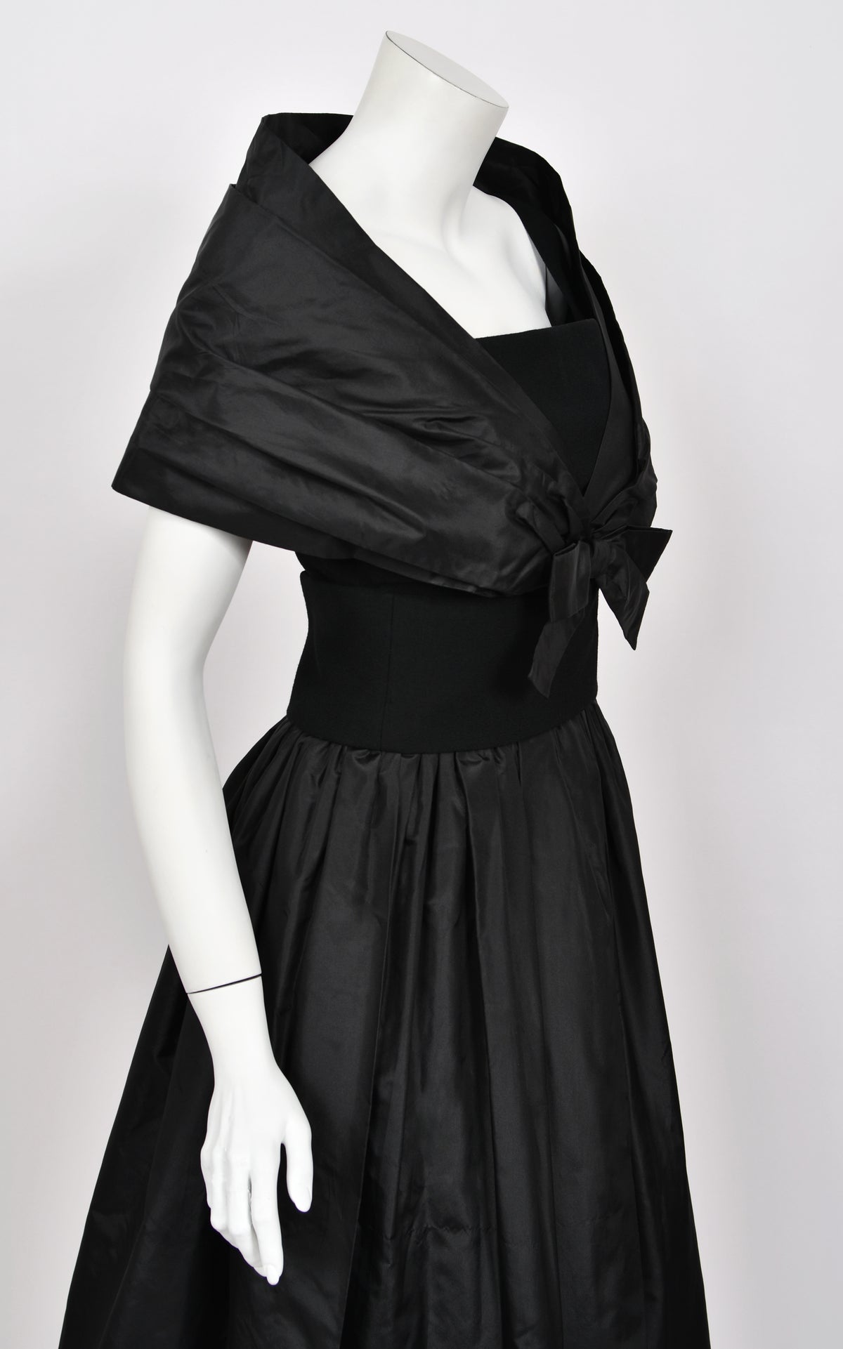 1956 Christian Dior Demi-Couture Black Silk Portrait Collar Skirted Cocktail Dress