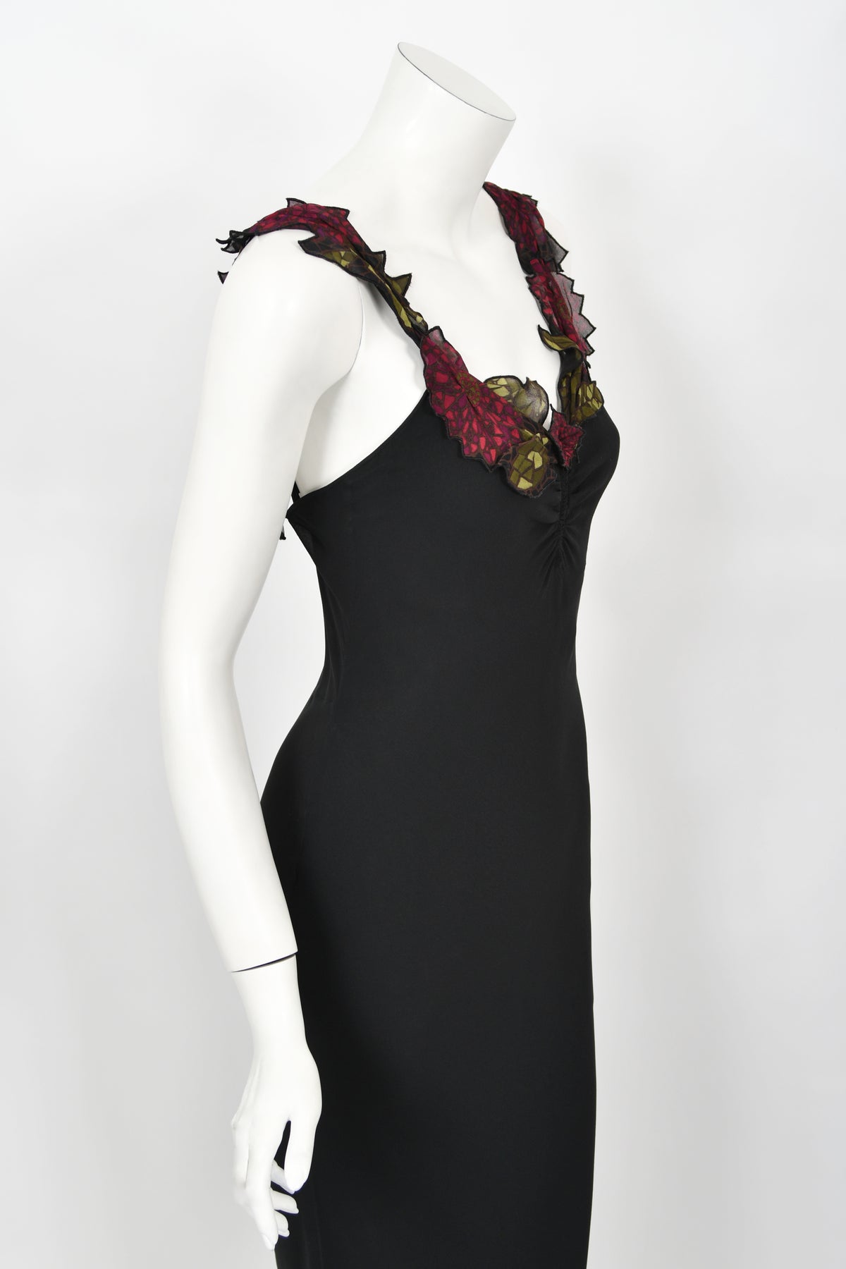 2001 John Galliano Red Chrysanthemum Floral Appliqué Black Silk Chiffon Bias-Cut Gown