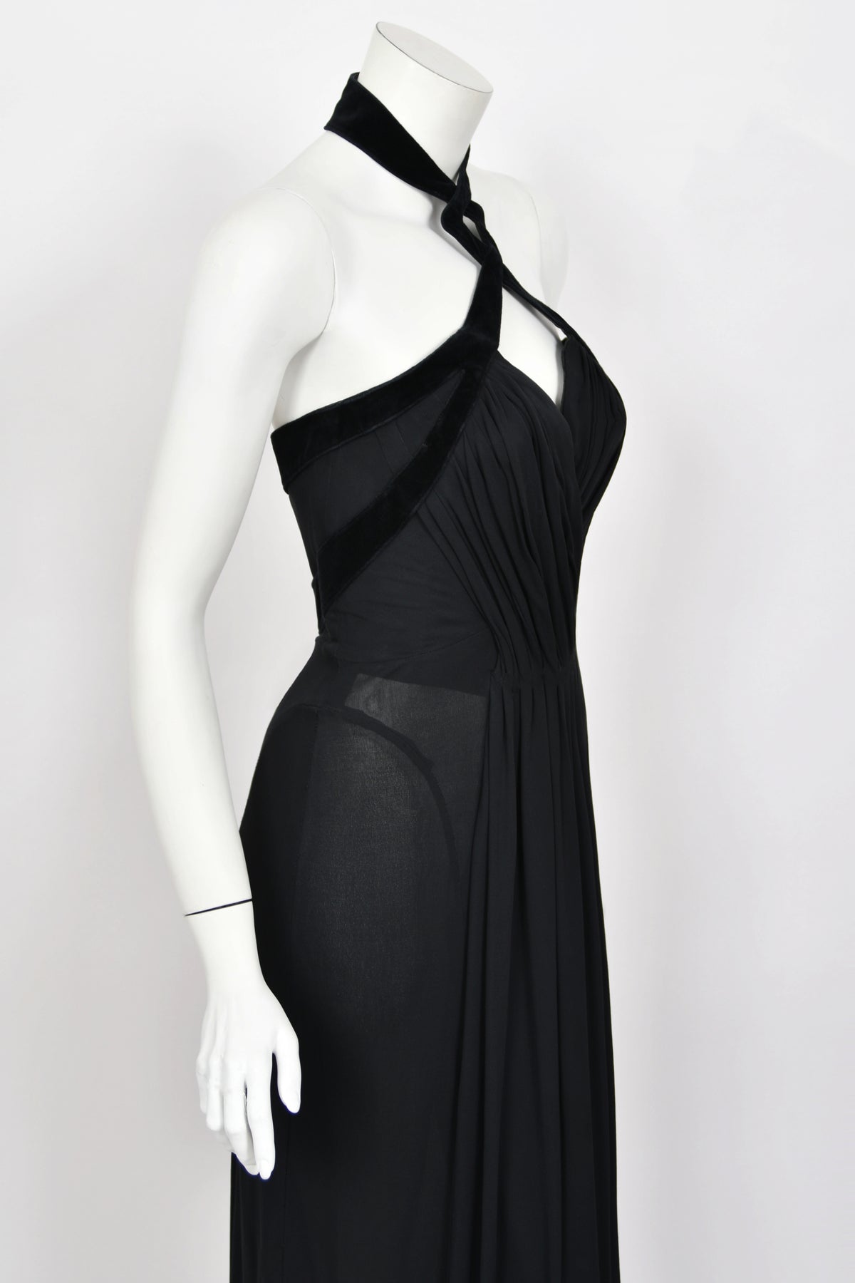 1998 Thierry Mugler Runway Black Silk-Jersey &amp; Velvet Bustier Cut-Out Halter Gown