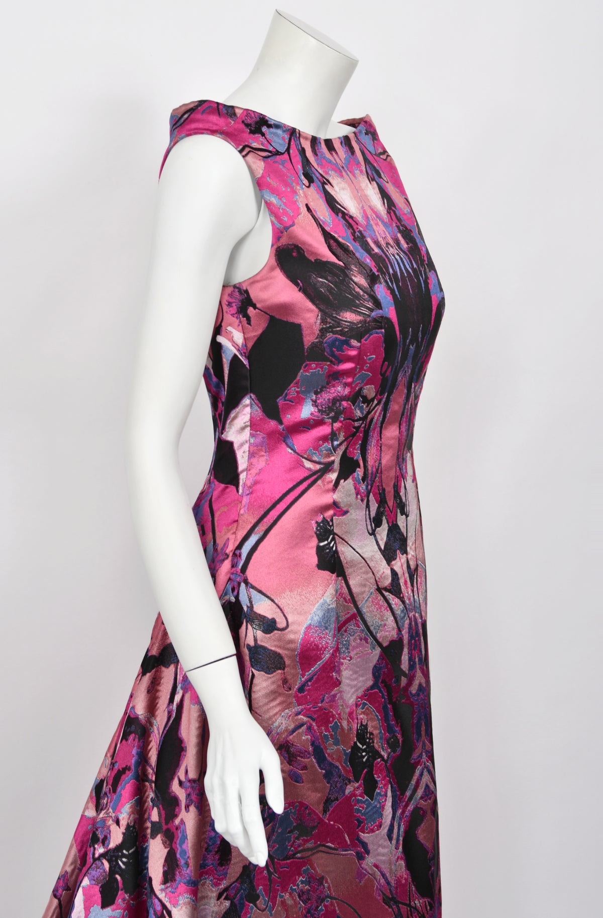 2010 Alexander McQueen Orchid Print Silk Jacquard &amp; Tulle Asymmetric Bustle Gown