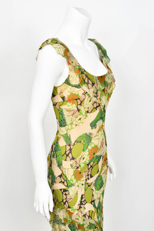 2005 John Galliano Green & Beige Floral Print Silk Tiered Ruffle Bias-Cut Dress