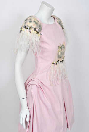 2013 Chanel by Karl Lagerfeld Runway Sample Pink Linen Floral Appliqué & Feathers Dress