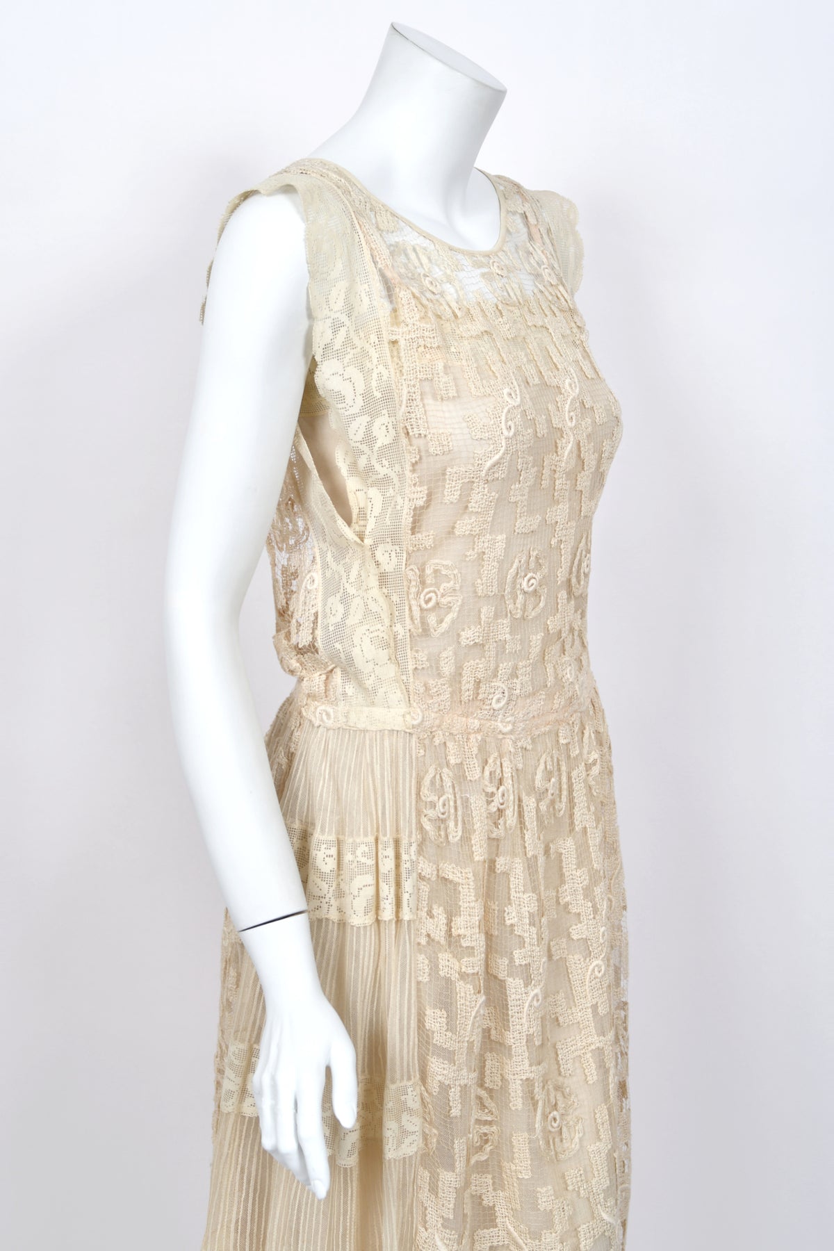 1920's French Cream Heavily Embroidered Deco Motif Filet Lace & Sheer Net Tea-Length Dress