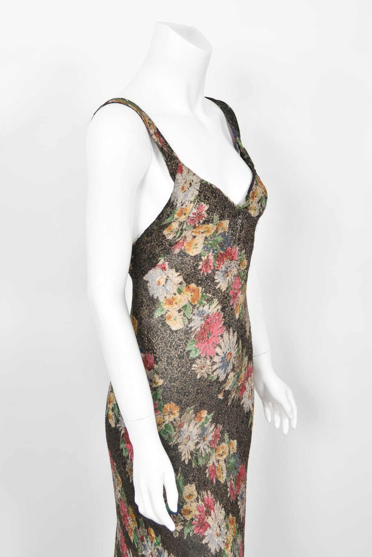 1930&#39;s Colorful Metallic Floral Motif Lamé Cut Out Back Hourglass Bias-Cut Gown