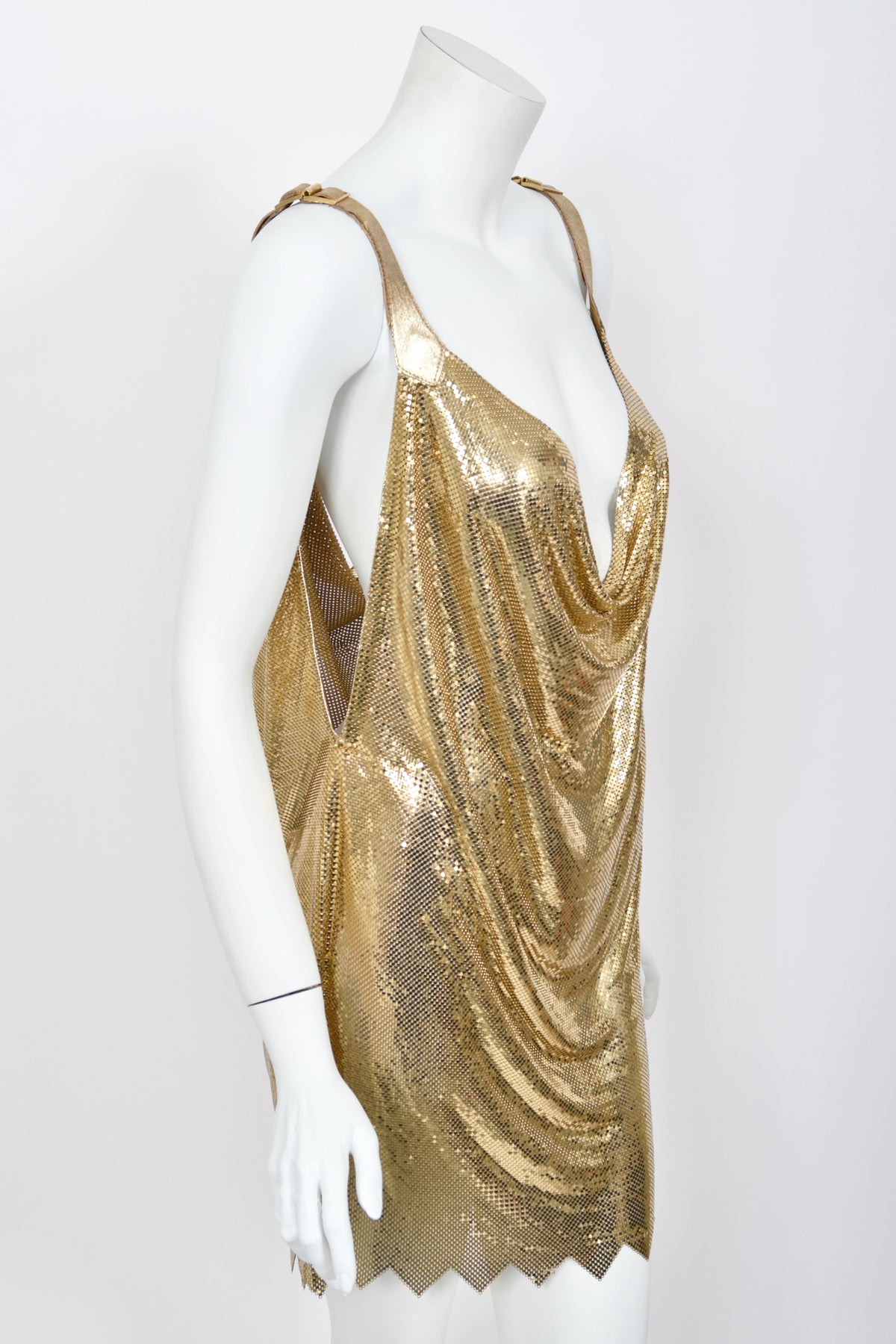 1994 Gianni Versace Iconic Gold Metal-Mesh Chainmail &amp; Leather Draped Mini Dress
