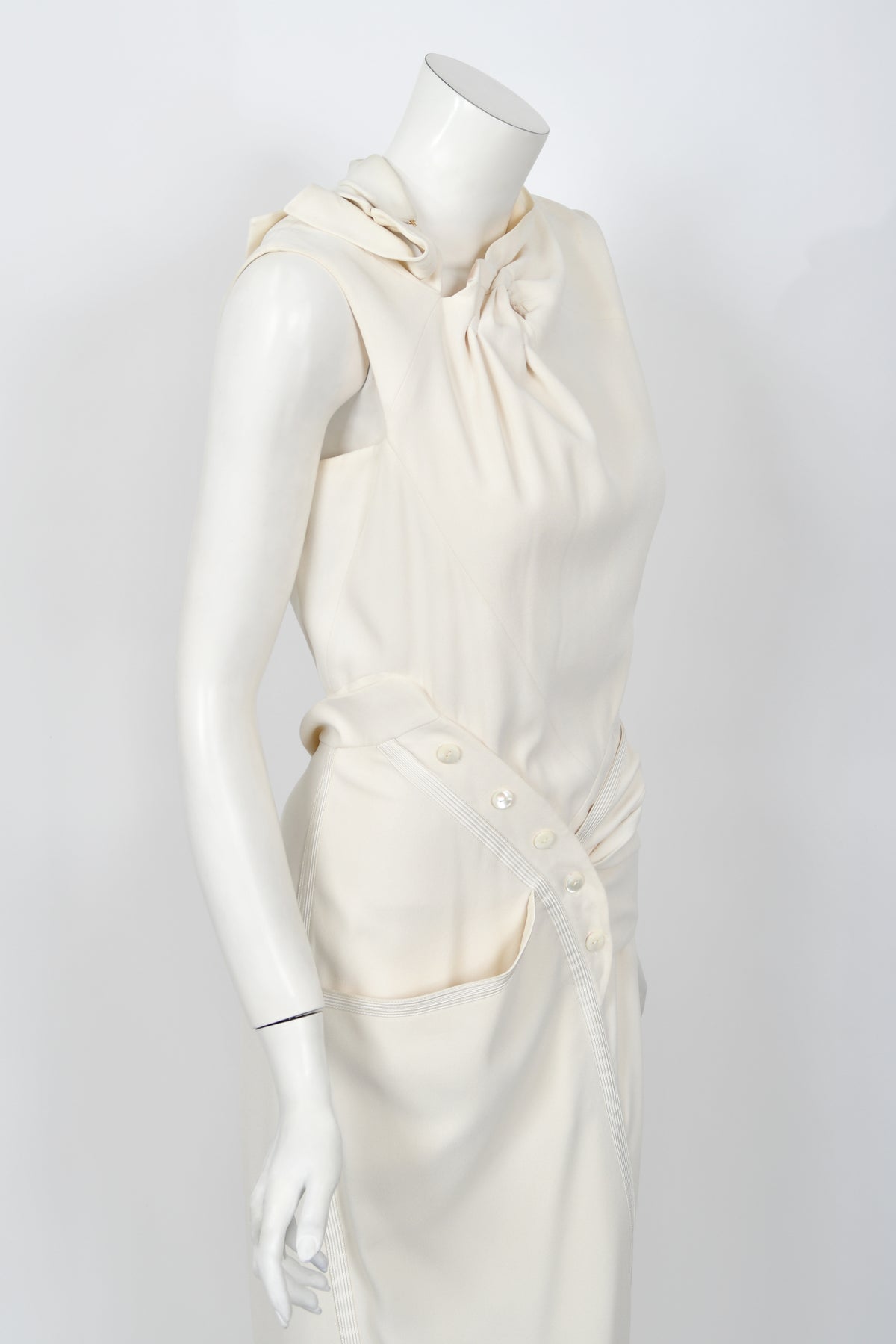 2000 Christian Dior by John Galliano Ivory Crepe Cut-Out Asymmetric Draped Dress