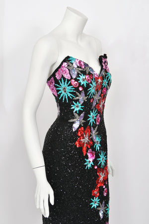 1990's Bob Mackie Fully Beaded Floral Motif Strapless Bustier High-Slit Gown