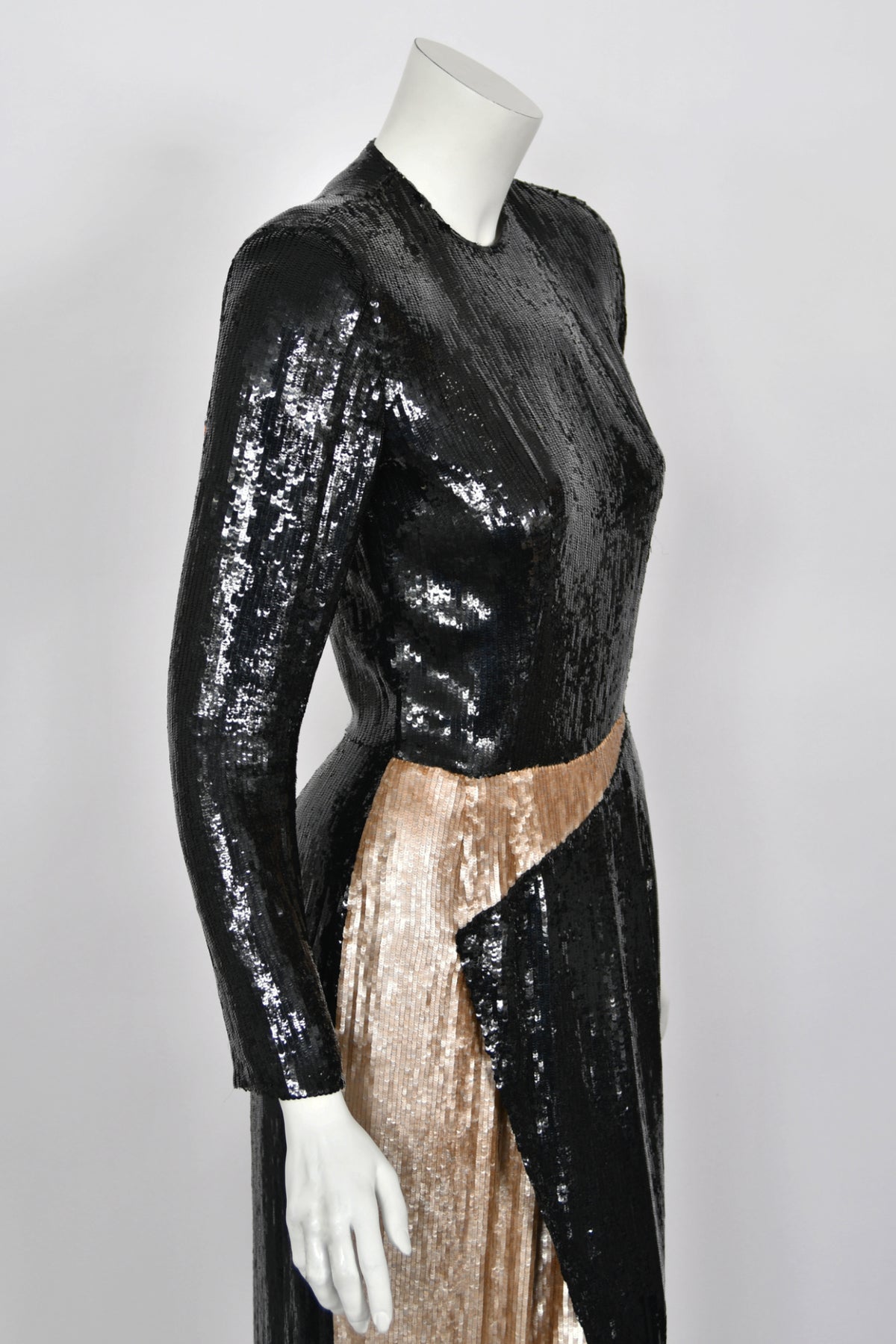 1985 Geoffrey Beene Documented Black &amp; Gold Fully-Sequin &#39;Cindy Crawford&#39; Gown